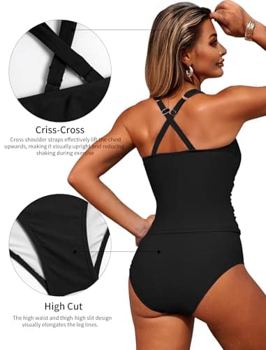 ZAFUL 2026 Tankini Swimsuits Tummy Control Swimsuits 2 Piece Bathing Suits with Bottom Modest Swim Suit fo Women Black S - Thumbnail 4