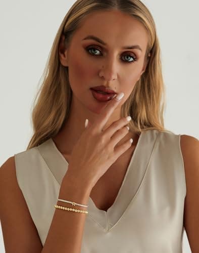 14K Gold Plated Bracelets for Women Dainty Tennis Initial Bracelet Trendy Beaded Stackable Charm Bracelets Layered Waterproof Bracelet Dainty Bracelet for Women Jewelry Gifts （R - Thumbnail 3