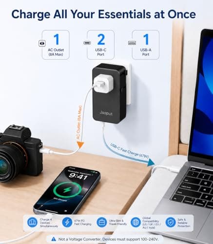 Jasput Universal Travel Adapter, 2026 Ultra-Slim Mini International Plug Adapter with 2 USB-C & 1 USB-A, PD 67W Fast Charging, 1 AC Outlet,Compatible with EU/UK/AU/Asia, Travel Essentials - Thumbnail 2