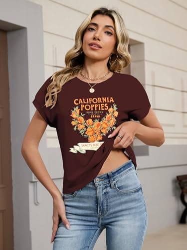 TAKEYAL Womens Graphic Tees T-Shirt Boho Vintage California Poppies Casual Summer Tshirt X-Large A Wine Red - Thumbnail 4