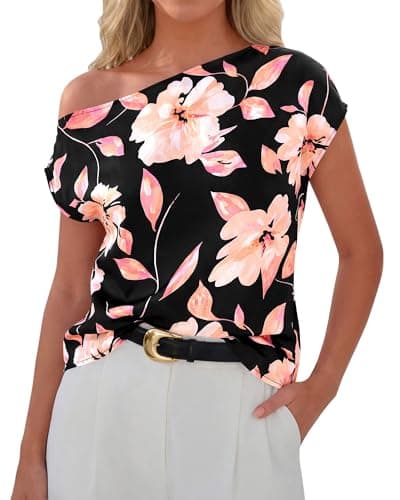 Zenlonr Womens Off The Shoulder Tops 2026 Summer Casual Short Sleeve T Shirts Boho Floral Blouse Trendy Going Out Tops(Black Pink Flower,XX-Large) - Image 1