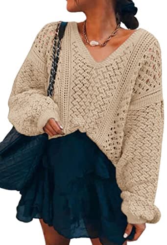 CCTOO Women's Sweaters Casual Oversized V Neck Off Shoulder Sexy Crochet Sweater Batwing Sleeve Pullover Loose Tops Khaki X-Large - Image 1
