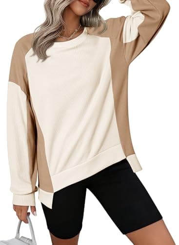 Dokotoo Womens Sweatshirt Oversized Waffle Knit Sweater Color Block Crewneck Sweatshirts for Women Long Sleeve High Low Casual Cozy Pullover Shirt Tops Fall Fashion Outfit Clothes 2024 White Small - Thumbnail 6