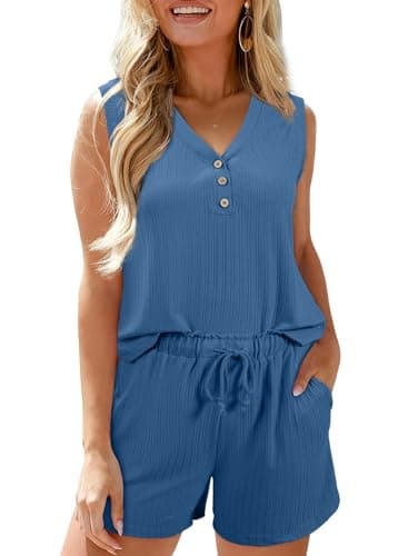 SHEWIN Women Summer Two Piece Short Sets Soft Smooth Ribbed Knit Sleeveless Drawstring V neck Lounge Matching Outfits With Pockets 2026 Trendy Dressy Casual 2 Pcs Clothes Size M，Navy Blue - Image 1