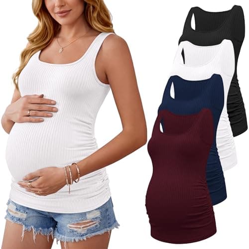 Ekouaer 4 Pack Maternity Tank Tops Ribbed Summer Pregnancy Shirts Black/Dark Red/Navy Blue/White XL - Image 1