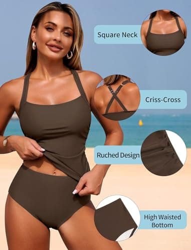ZAFUL Tankini Swimsuits for Women Bathing Suits Tummy Control Two Piece Tankini Sets Ruched Tankini Tops with Bottom Brown M - Thumbnail 4