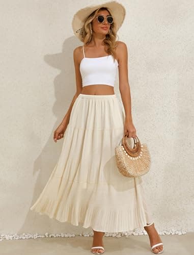 Arolina Women's Maxi Skirts Summer 2026 Elastic High Waist Boho Long Skirt Flowy Tiered A-Line Pleated Ruffle Casual Beach Beige - Thumbnail 5