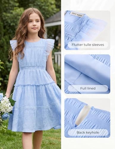 GRACE KARIN Girls Sleeveless Summer Dress, Ruffle Tiered Easter Spring Party Dresses for Little Kids Size 10,Light Blue - Thumbnail 4