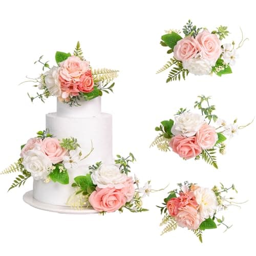 TINGE TIME 3Pcs Pre-made Cake Toppers，Silk Artificial Flowers Decor，Cake Decorations for Weddings, Birthdays, Party,Baby Shower,Celebration (PeachPink&White) - Thumbnail 2