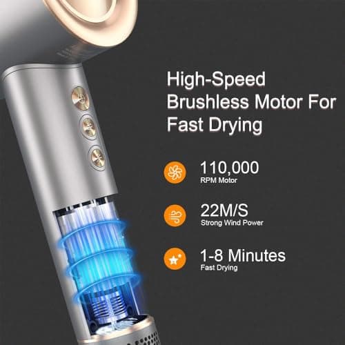 Hair Dryer - 110000 RPM High-Speed Brushless Motor Negative Ionic Blow Dryer for Fast Drying, Low Noise Thermo-Control Hair Dryer with Magnetic Nozzle, Silvery - Thumbnail 3