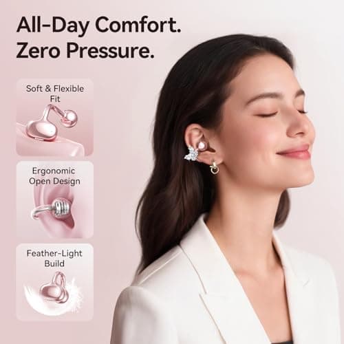 Kinglucky Gen2 Clip-On Open Ear Earbuds with Sparkle Butterfly Earrings, Earrings-On Storage Case, Bluetooth 5.4 Wireless Headphones for Women, 40H Playtime, Comfortable Fit for Small Ears, Rose Gold - Thumbnail 3