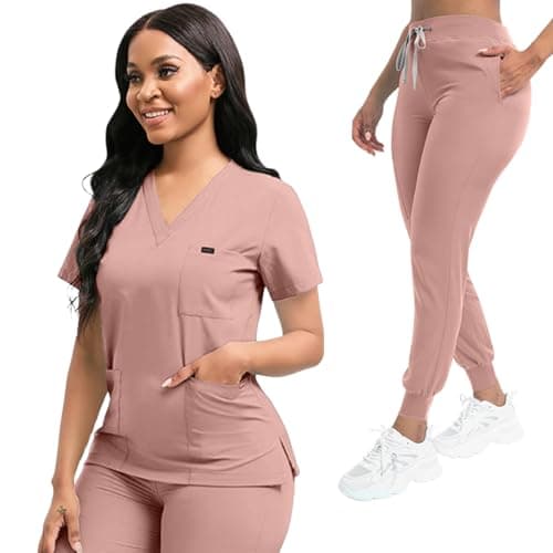 YEZEX Scrubs for Women Set, Stretch V-Neck Top & Jogger Scrub Pants, Pink
