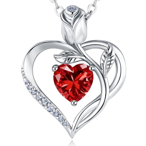 JACUPO 1.2 Carat Rose Heart Necklace Lab-Grown Ruby Necklace July Birthstone Necklace VVS1 Clarity Crafted with S925 Sterling Silver White Gold Plated for Wife Girlfriend Mother Ideal as Wedding Anniversary Christmas Gift Engraved I Love You - Image 1