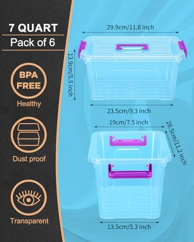 AREYZIN Plastic Storage Bins with Lids 6 Pack, 7 Quart Stackable Storage Containers with Buckle Latches, Heavy Duty Clear Organizer Bins for Home Office Supplies, Craft & Toy Storage, BPA-Free,Purple - Thumbnail 4