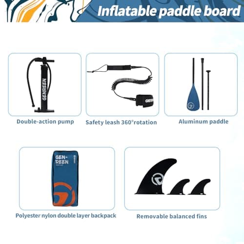 GENREEN Stand Up Paddle Board SUP Inflatable Paddleboard Newly Improved Quality Inspection5 Ultra Stable 5 Grips 450LBS 3 Fins EVA 0.5cm Wide 11'34"6" for JP Customers (Ocean Blue) - Thumbnail 5