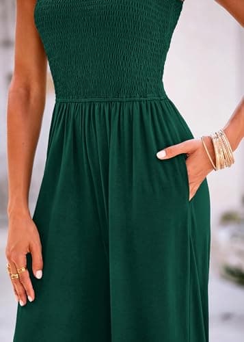 KIRUNDO Wide Leg Jumpsuits for Women Overalls One Piece Summer Smocked Sleeveless Petite Jumpsuits Long Pant Romper with Pockets 2026 Summer Clothes(Green, Small) - Thumbnail 5