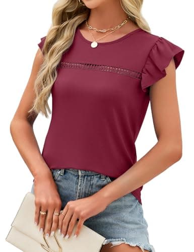 JUSTFASHIONNOW Womens Ruffle Short Sleeve Tops Cute Red Summer Shirts Dressy Casual Crew Neck Blouses 2026 Fashion Outfits(Wine Red,Medium) - Thumbnail 4
