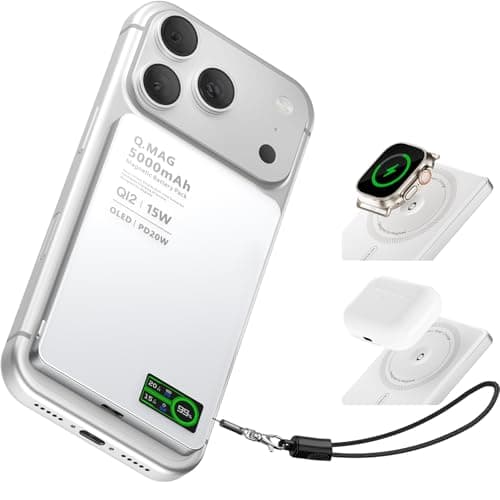 Portable Charger for Apple Watch & iPhone 17/16/15/14, 5000mAh 15W Fast Wireless Magnetic Power Bank with Built-in USB-C Cable, Ultra Slim 3-in-1 Mag-Safe Battery Pack with Smart LCD Display (White)