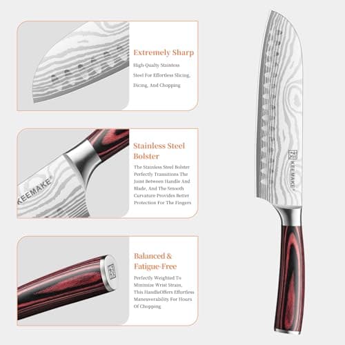 KEEMAKE Santoku Knife - 7 Inch High Carbon Japanese Chefs Knife with Ergonomic Pakkawood Handle and Sheath, Gifts for Mom or Dad, Kitchen Gadgets with Gift Box, Father Day Gifts - Thumbnail 4