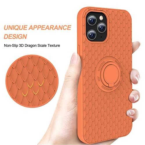 TISOOG Compatible with iPhone 12 Pro Max Case [Cute Dragon Scale Series] with Soft Anti-Scratch Microfiber Lining & Ring Kickstand, Liquid Silicone Full Body Protective Case - Bright Orange - Thumbnail 4