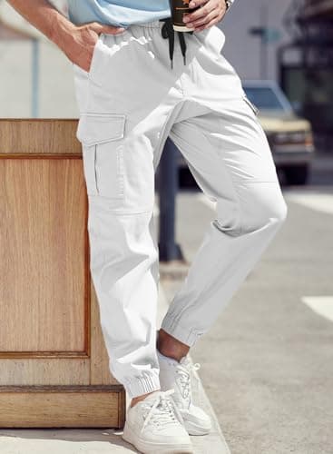 JMIERR Man Fashion Cargo Pants - Casual Cotton Tapered Stretch Twill Chino Athletic Joggers Sweatpants Drawstring Hiking Workout Trousers Travel Pants with Pockets for Men,US 36(L),A White - Thumbnail 2