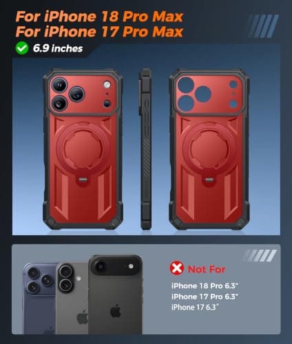 FNTCASE for iPhone 17 Pro-Max Case: [360 Spin Magnetic Ring Kickstand] [Compatible for MagSafe] [Screen Protector] Heavy Duty Military Grade Protection Protective Phone Case with Stand Red - Thumbnail 2