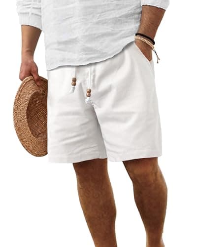 ZKMAN Mens Linen Shorts Casual Classic Drawstring Elastic Waist Pocket Summer Beach Shorts(White XL) - Image 1