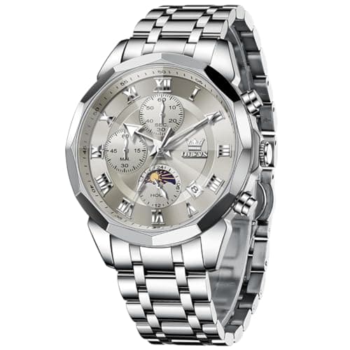 OLEVS Watch Men Gray Big Face Luxury Silver Stainless Steel Dress Wrist Analog Quartz Moon Phase Watches for Men Classic Waterproof Luminous Fashion Casual Mens Watches - Image 1
