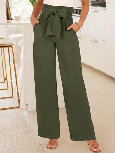 ANRABESS Womens Wide Leg Palazzo Pants Belted High Waisted Business Casual Flowy Long Trousers with Pockets Army Green XX-Large - Thumbnail 3