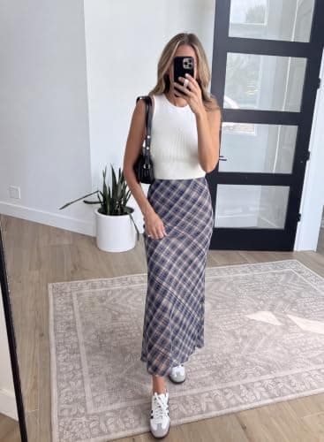 BLENCOT Retro Plaid Maxi Skirts for Women High Waisted A-Line Mesh Long Skirt for Work Business Casual Outfits Blue Small - Thumbnail 3