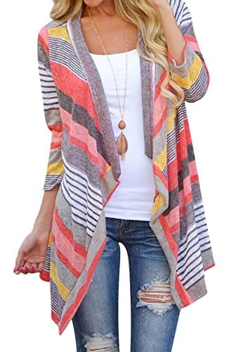 DEARCASE 3/4 Sleeve Shawl Cardigans for Women Lightweight Cover Up Shrug Striped Printed Red Large Open Front Draped Kimono Flowy Ladies Thin Duster Summer Fall Knit Cardigan Sweaters Jackets - Image 1