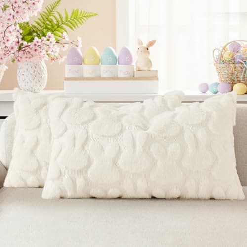 decorUhome Easter Bunny Pillow Covers 12x20 Inch Set of 2, Soft Plush Faux Wool Jacquard Cream White Rabbit Cushion Covers, Farmhouse Neutral Spring Easter Holiday Decor for Couch Sofa Bed