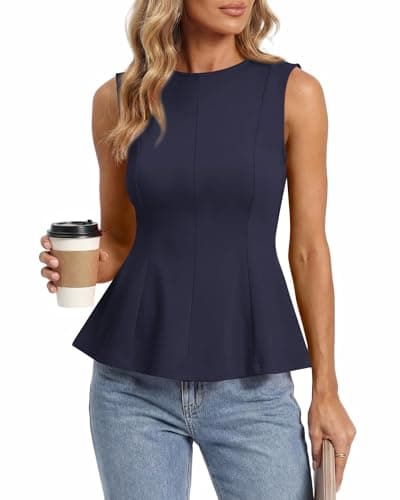 BTFBM Womens Summer Tops 2026 Business Casual Outfits Crew Neck Sleeveless Shirts Slim Fit Peplum Tank Top(Navy, X-Large) - Image 1