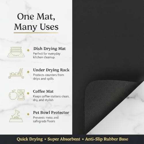 STRABELLA Dish Drying Mat Super Absorbent – 16" x 12" Coffee Mat for Countertops – Non-Slip Drying Mat for Kitchen Counter – Easy to Clean Water Absorbent Mat – Quick Dry Dish Drying Mats (Black) - Thumbnail 3