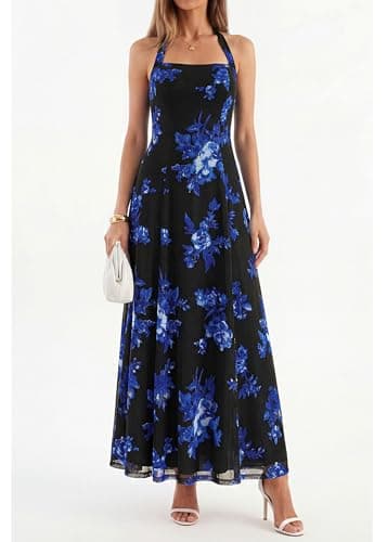 KIRUNDO Women's Summer Sleeveless Halter Floral Maxi Dress 2026 Beach Wedding Guest Cocktail Mesh Flowy A Line Long Sundress(Black, X-Large) - Thumbnail 4