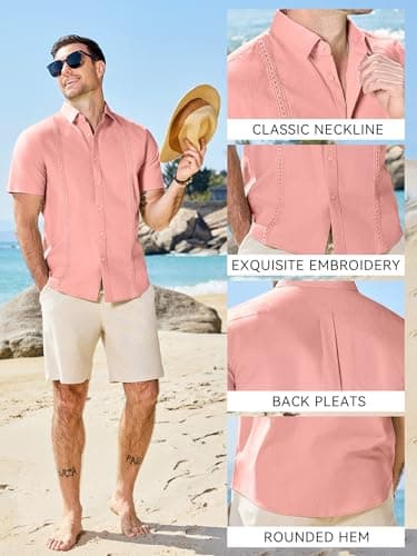 JEMLDL Men's Guayabera Cuban Shirt Cotton Linen Short Sleeve Embroidered Casual Summer Beach Vacation Shirts Flamingo Pink 3XL - Thumbnail 5