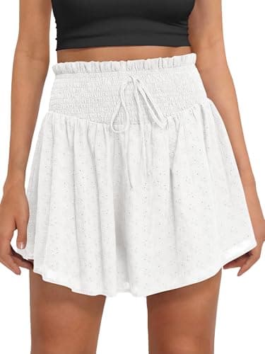 Caracilia Womens Summer Eyelet Mini Skirts High Waist Smocked Layered Ruffle Cute Boho Short Skorts 2026 Casual Beach Outfits White Small - Image 1