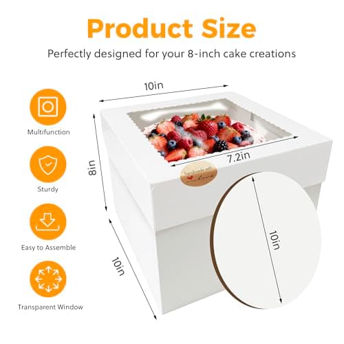 5 Pack Cake Boxes,10x10x8 Inch Tall Cake Box with Cake Boards 10",Disposable Cake Containers with Lids,White Bakery Boxes with Large Window,for Layer Cakes,Pies,Donuts,Cookies,Wedding,Birthday,Party - Thumbnail 2
