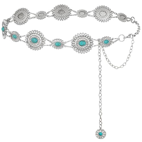 FIORETTO Turquoise Chain Belt for Women, Metal Western Cowboy Cowgirl Waist Chain with Round Oval Conchos, Boho Country Style Belt for Dress & Jeans, Silver, Length 45inch - Image 1