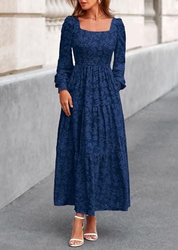 KIRUNDO Wedding Guest Dresses for Women 2026 Fall Long Sleeve Smocked Floral Flowy Spring Baby Shower Maxi Dress Pockets (Navy, X-Large) - Thumbnail 5