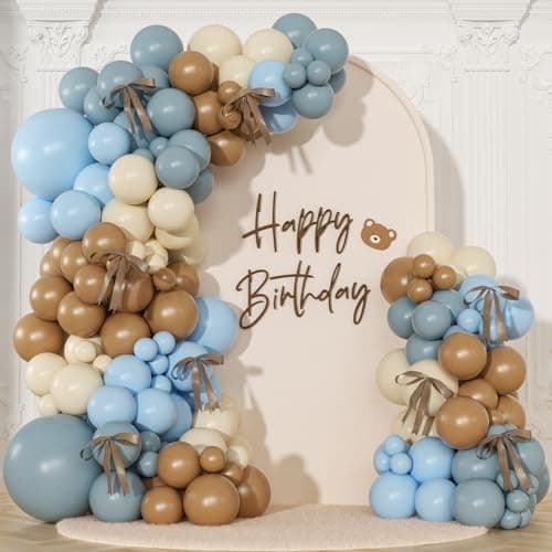NUTTYBASH Dusty Blue and Brown Balloon Arch Kit, 151Pcs Bear Baby Shower Decorations Macaron Blue Brown Balloons with Bows for Gender Reveal Baby Shower Birthday Decorations - Image 1