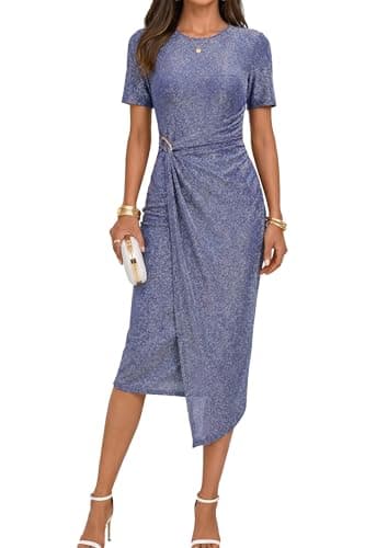 Autumn Flowerwall Women's 2026 Summer Shimmer Ruched Bodycon Split Midi Dress Short Sleeve Metal Buckle Elegant Wedding Guest Cocktail Formal Party Dress Silver Dusty Blue XL - Image 1