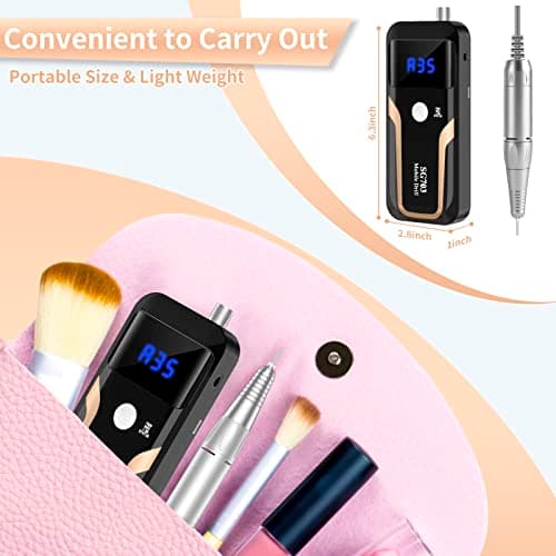 Portable Nail Drill Professional 35000 RPM, MOCOWIND Rechargeable Electric Nail File Machine E File for Acrylic Gel Polishing Removing, Cordless E-File with Bits Kit for Manicure Salon Home, Black - Thumbnail 3