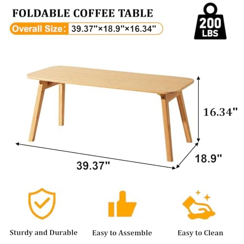 Baveke Folding Coffee Table- Foldable Floor Tables, Mid Century Coffee Table for Living Room, Small Coffee Tables Solid Wood Japanese Low Table for Sitting on Floor, No Assembly, 39.4''-Natural - Thumbnail 2