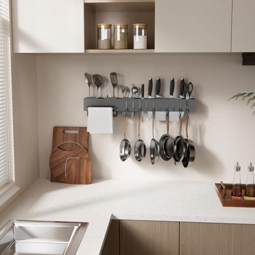 NAT MEYA Stainless Steel Pot and Pan Hanger,Wall Mounted Pot Rack Kitchen Hanging Rail With S Hooks,Detachable Pans Hanging Rail Kitchen Utensils Hanger,23.7 Inch Wall Mounted Hanging Pot Rack - Thumbnail 6