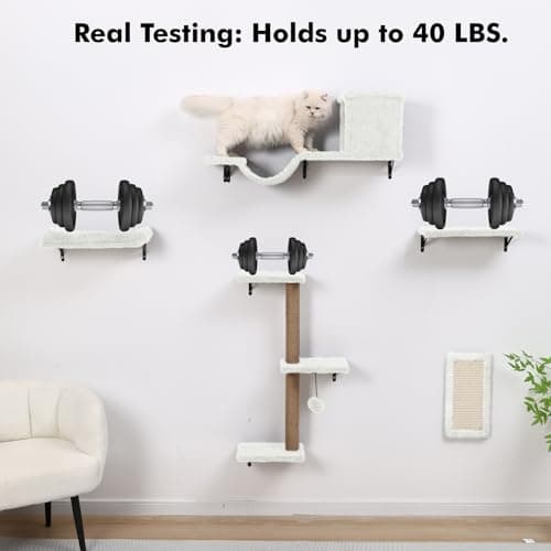 5-in-1 Cat Wall Shelves, Multi-Level Cat Climbing Furniture, Perch & Lounge for Indoor Cats, Space-Saving Wall Mounted Shelves for Play & Rest (Natural Wood) - White - Thumbnail 4