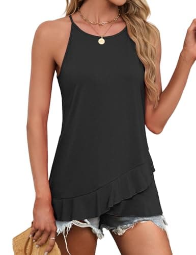 JUSTFASHIONNOW Summer Sleeveless Tank Tops for Women Trendy Casual Camisole Tops Spaghetti Strap Tank Flowy Ruffle Hem Loose Fit Holiday Vacation Outfits (Black,Small) - Thumbnail 4