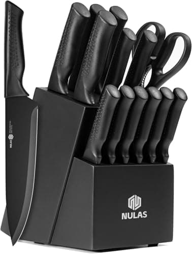 NULAS Knife Set, 15-Piece Kitchen Knife Set with Block and Built-in Sharpener, Dishwasher Safe, Non-slip Handle, 6 Steak Knives, Black - Image 1