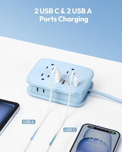 NTONPOWER Travel Power Strip, 6 Outlets 4 USB Ports(2 USB C), 4ft Extension Cord Wrapped Around Small Power Strip, Compact for Travel, Hotel, Cruise Approved, Blue - Thumbnail 6