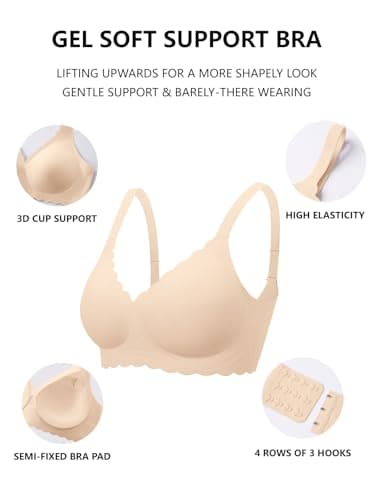 COCOMARTS Jelly Bras for Women No Underwire Scalloped Push Up Seamless Full Coverage Plunge Bralettes Wireless Tshirt Bras Nude Small - Thumbnail 5